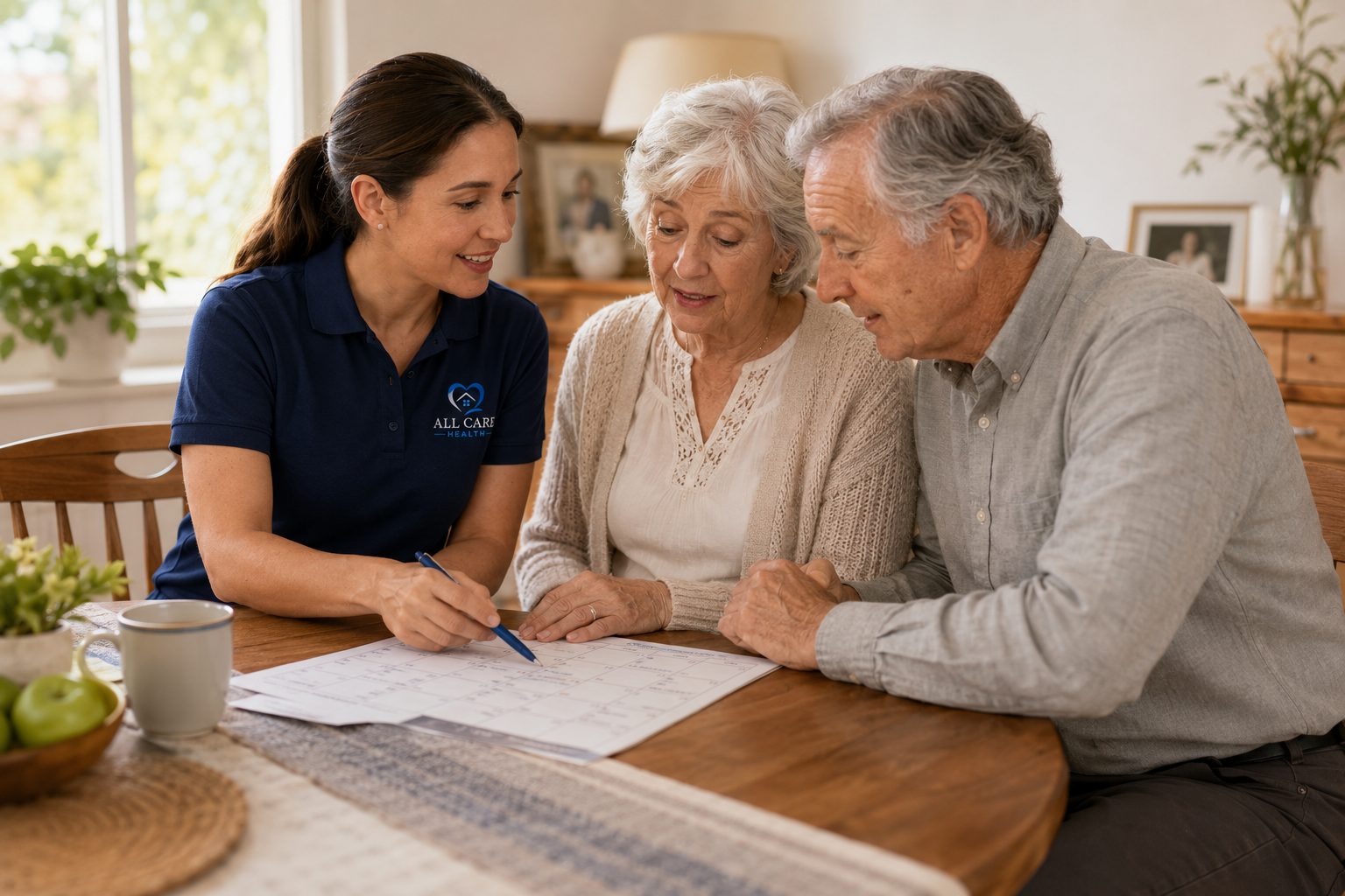 An All Care Health caregiver reviewing a care plan with a couple at home