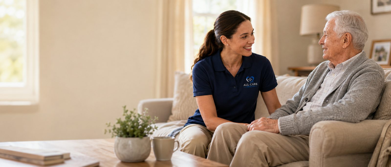 An All Care Health caregiver spending time with a client at home
