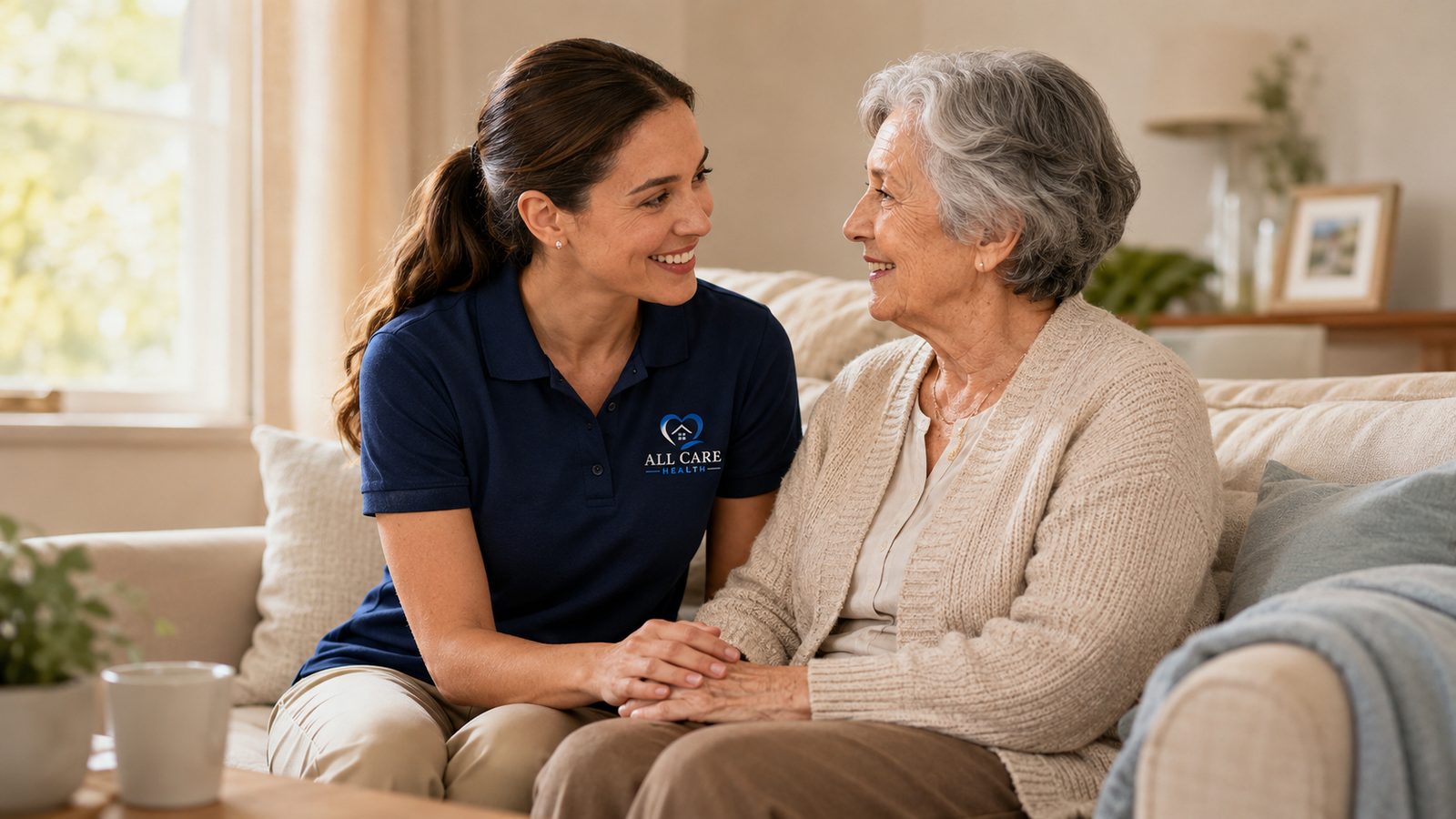 An All Care Health caregiver supporting a senior at home