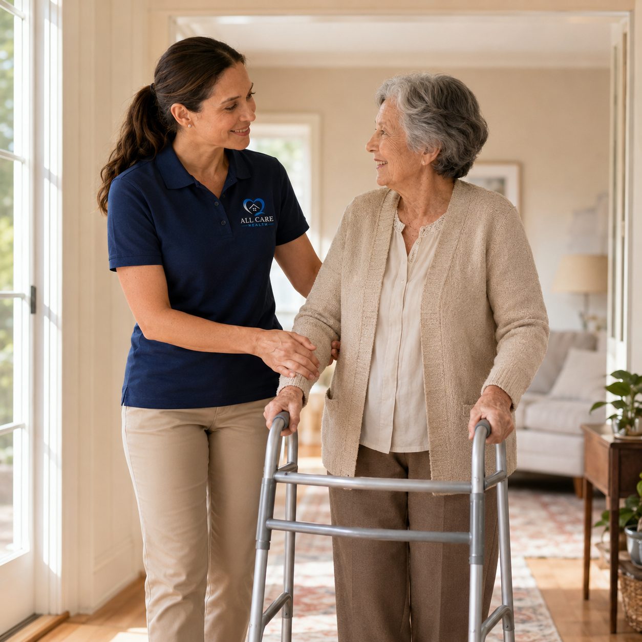 An All Care Health caregiver assisting a client with mobility support at home