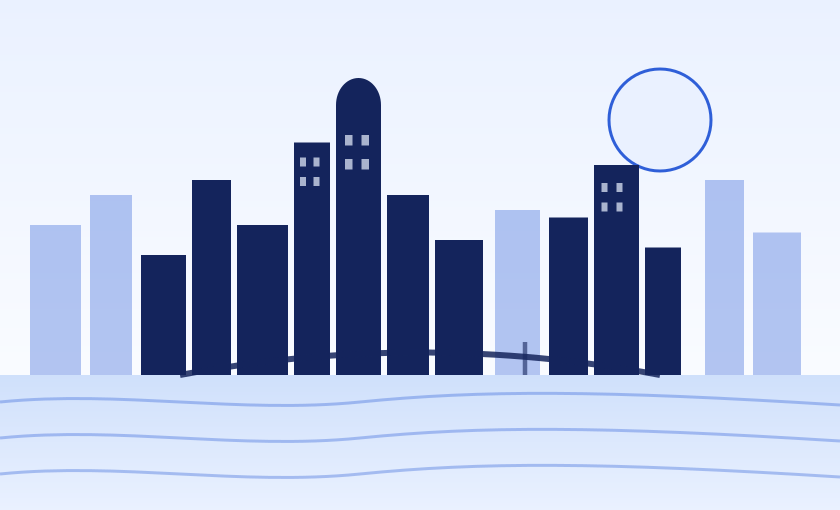 Illustration of downtown Rockford, Illinois along the Rock River